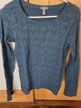 J. Jill Teal Crinkled And Stretch Long-Sleeve Crew Top